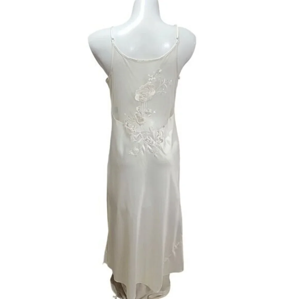Vintage Cabernet Ivory Satin Gown Slip Dress Sheer Back M